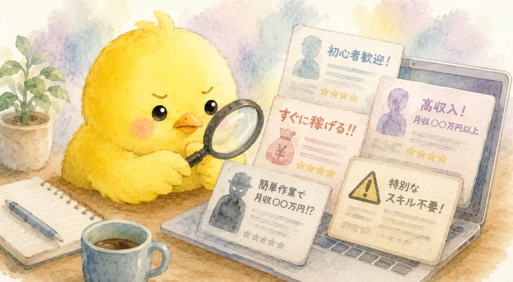 虫眼鏡をもつひよこ