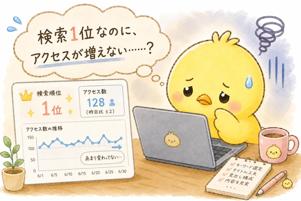 パソコンの前で悩むひよこ