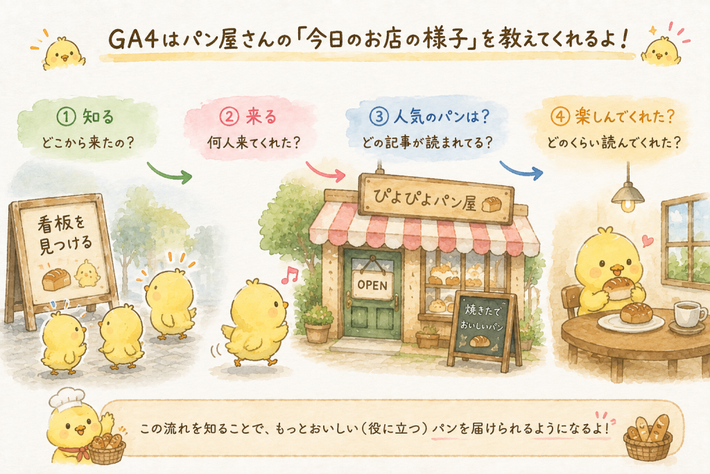 GA4で確認できるブログのアクセス状況をパン屋に例えた図